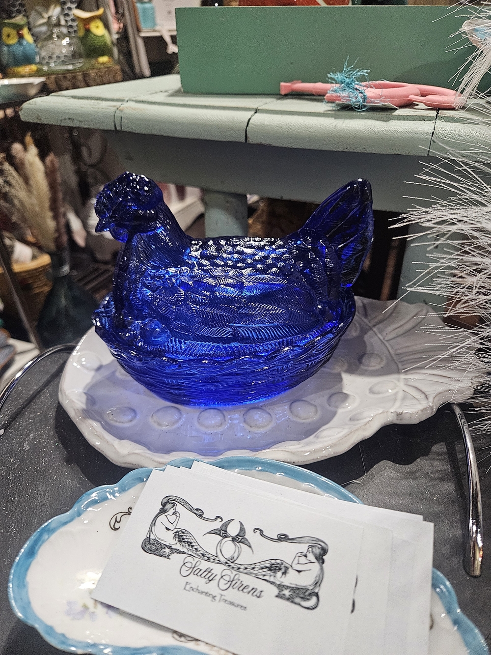 Weatmoreland Cobalt Blue Glass Hen Covered Dish.